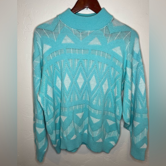 Jolie Sweaters - Vintage‎ 1980 Sweaters by Jolie Geometric Patterned Blue and White Sweater Retro
